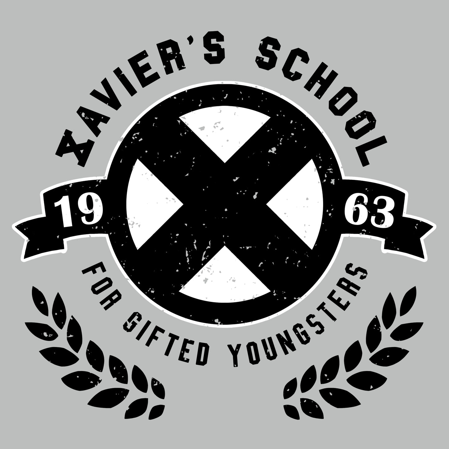 An officially licensed black and white image of Marvel - Deadpool/X-Men's Xavier's School for Gifted Youngsters logo, invoking mutant alumnus pride.
