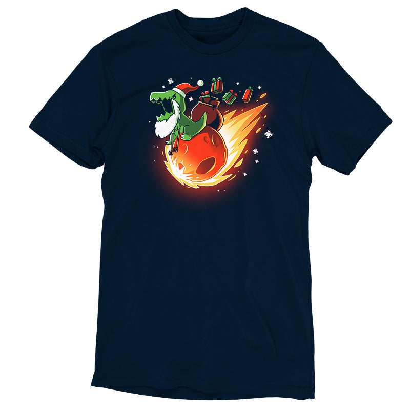 A X-Mas Rex t-shirt featuring Santa Rex riding a rocket, perfect for TeeTurtle enthusiasts.