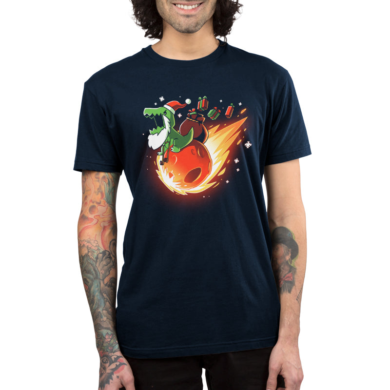 A t-shirt featuring X-Mas Rex, a depiction of Santa Rex riding a fireball, by TeeTurtle.