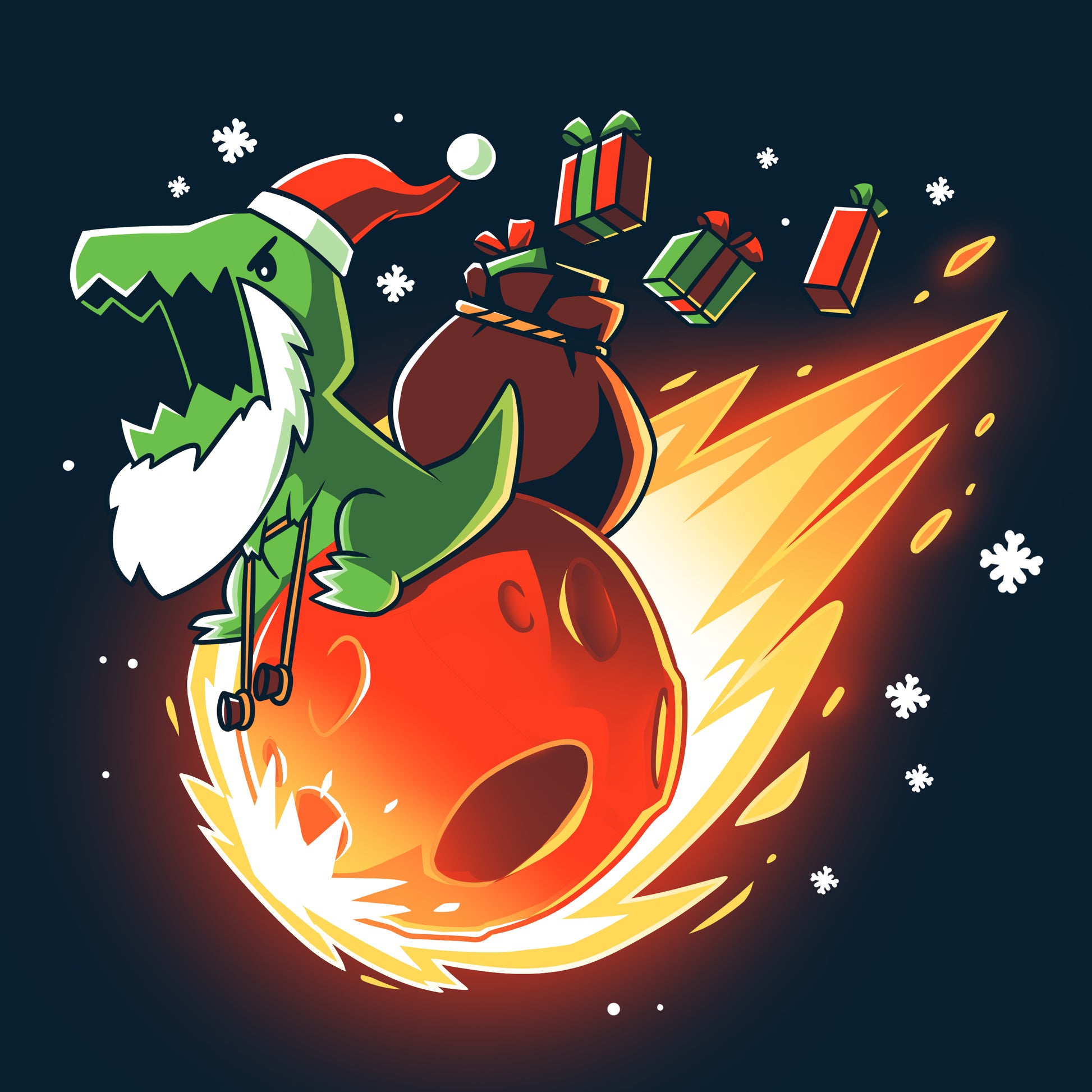 Get ready for an explosive TeeTurtle X-Mas Rex sighting! This design features Santa Rex riding a dinosaur rocket, making it the perfect t-shirt for anyone who loves a unique holiday twist.
