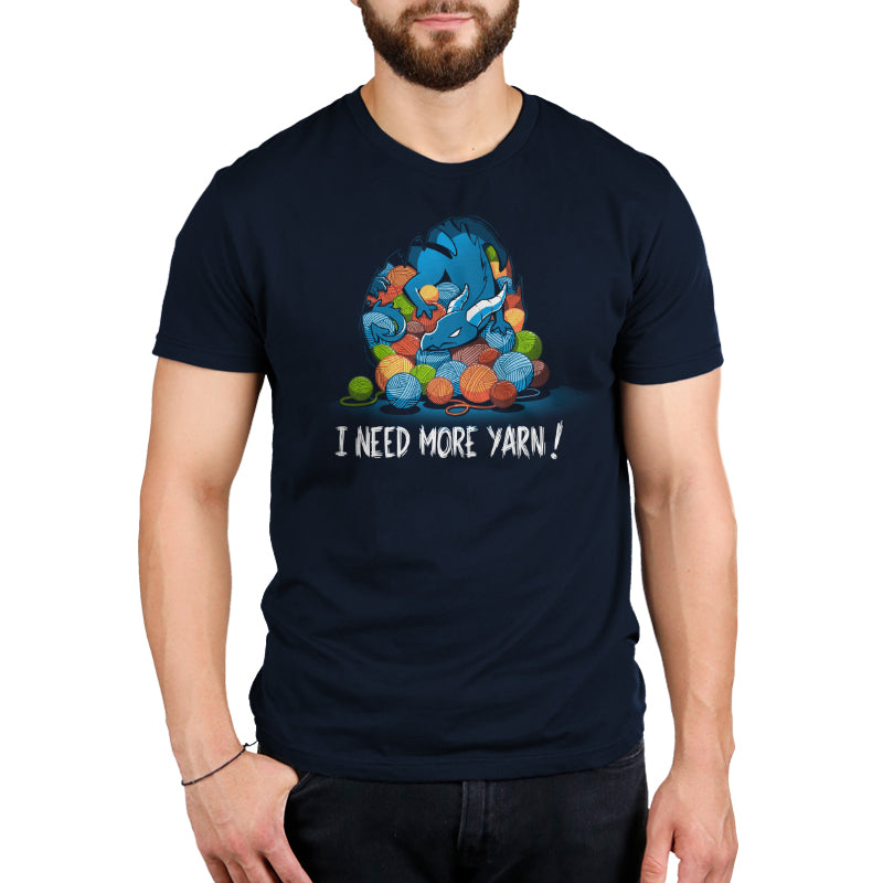 A man wearing a navy blue Yarn Hoarder t-shirt by TeeTurtle that says i need more wine.