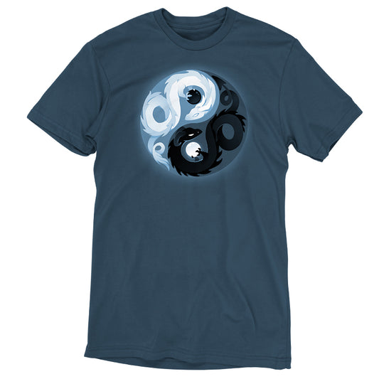 A denim blue Yin and Yang Dragons t-shirt with a majestic yin-yang design in black and white by TeeTurtle.