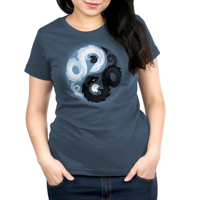 A denim blue women's t-shirt featuring the Yin and Yang Dragons by TeeTurtle.