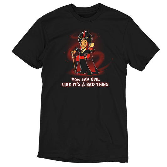 An officially licensed Disney black t-shirt featuring Jafar from Aladdin called 
