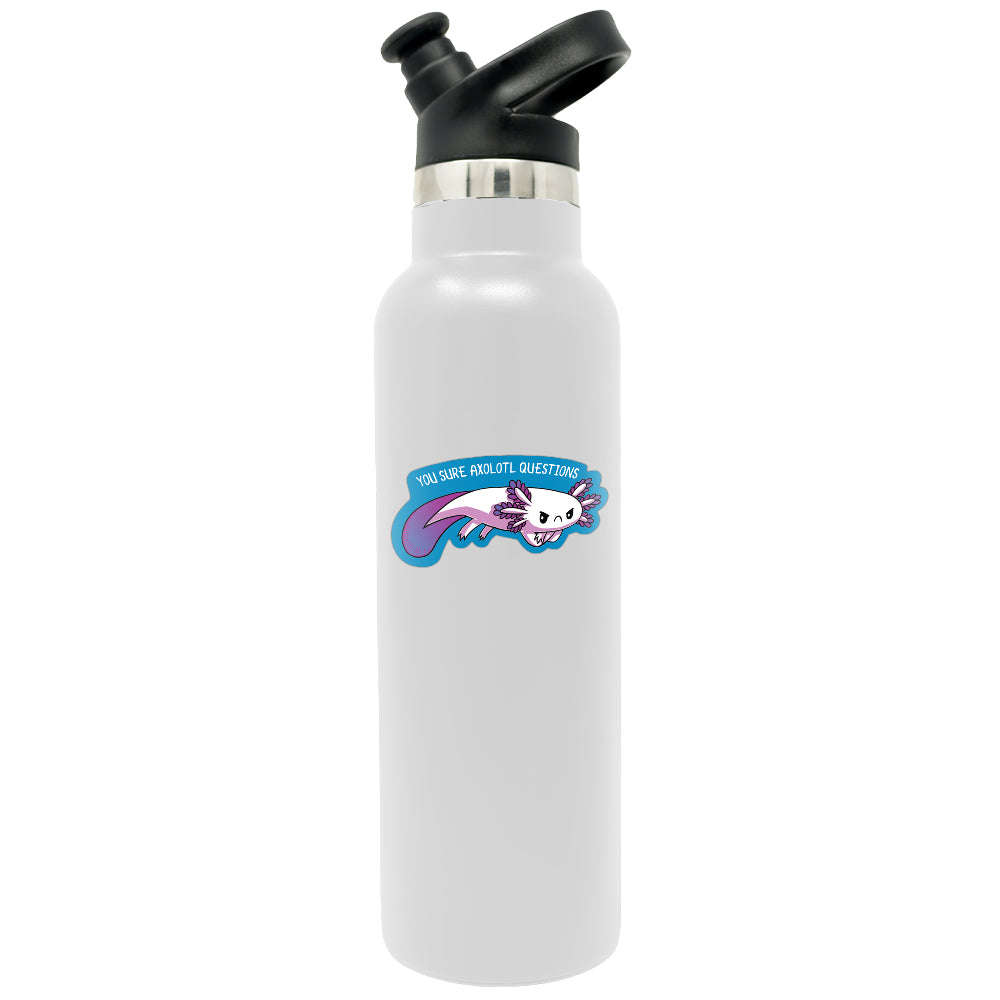 A water-resistant vinyl water bottle adorned with a TeeTurtle You Sure Axolotl Questions Sticker.