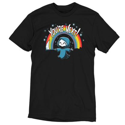 A spooky black t-shirt with a rainbow called "You're Next!" by TeeTurtle.