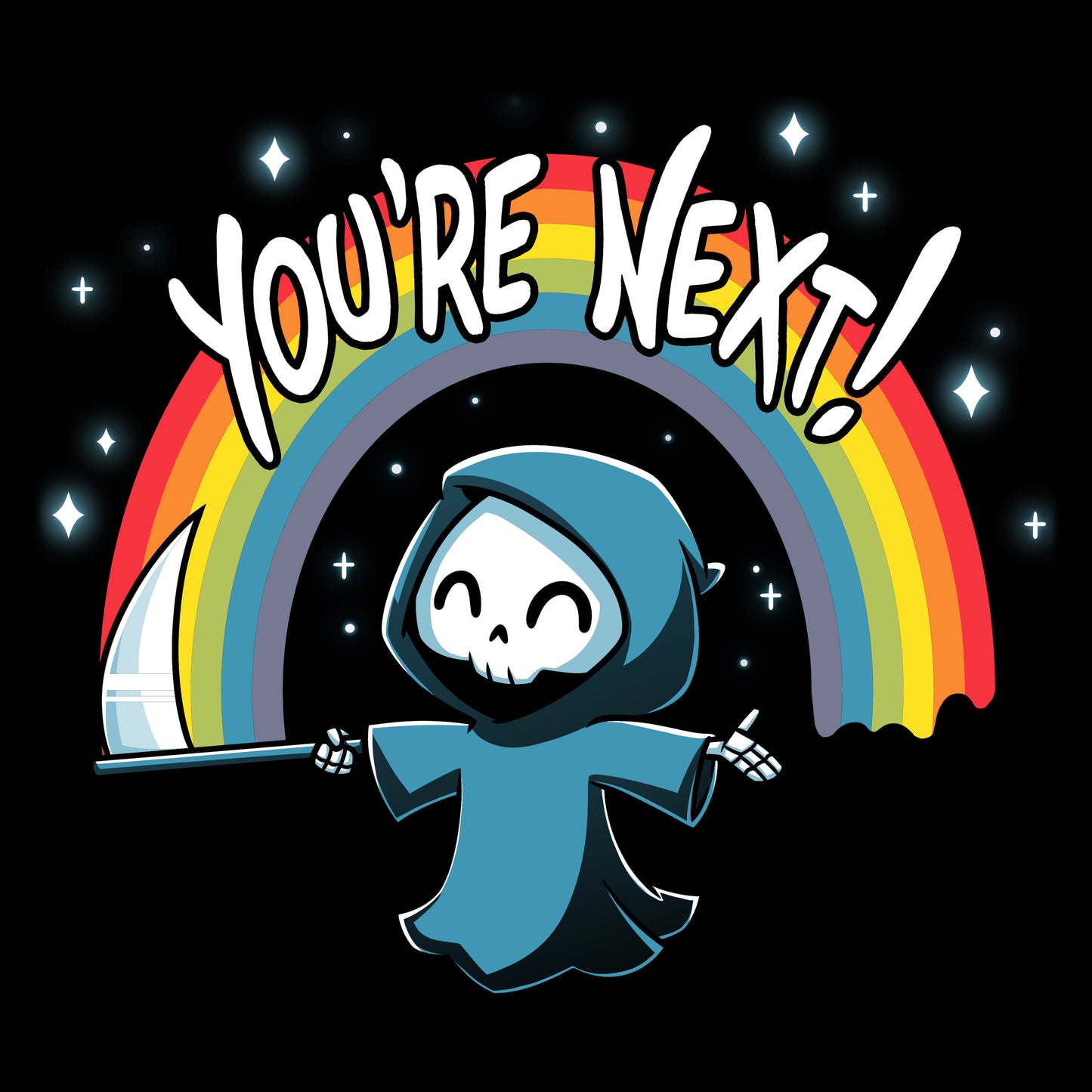 A spooky cartoon skeleton holding a rainbow, with an original twist, saying TeeTurtle's You're Next!