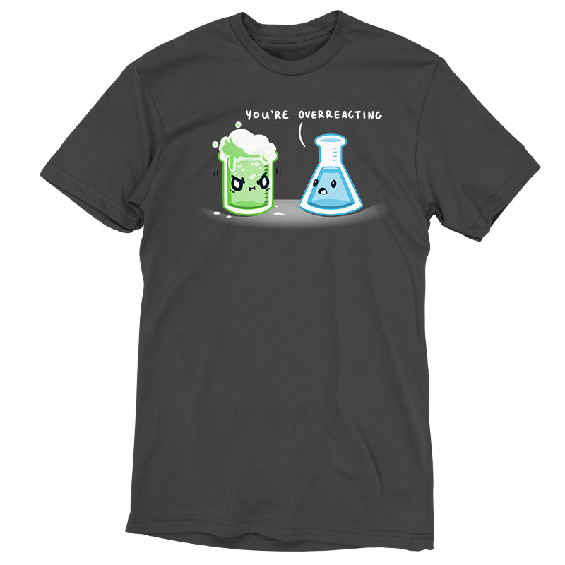 A You're Overreacting tee by TeeTurtle featuring a black t-shirt with a beaker and a green beaker.