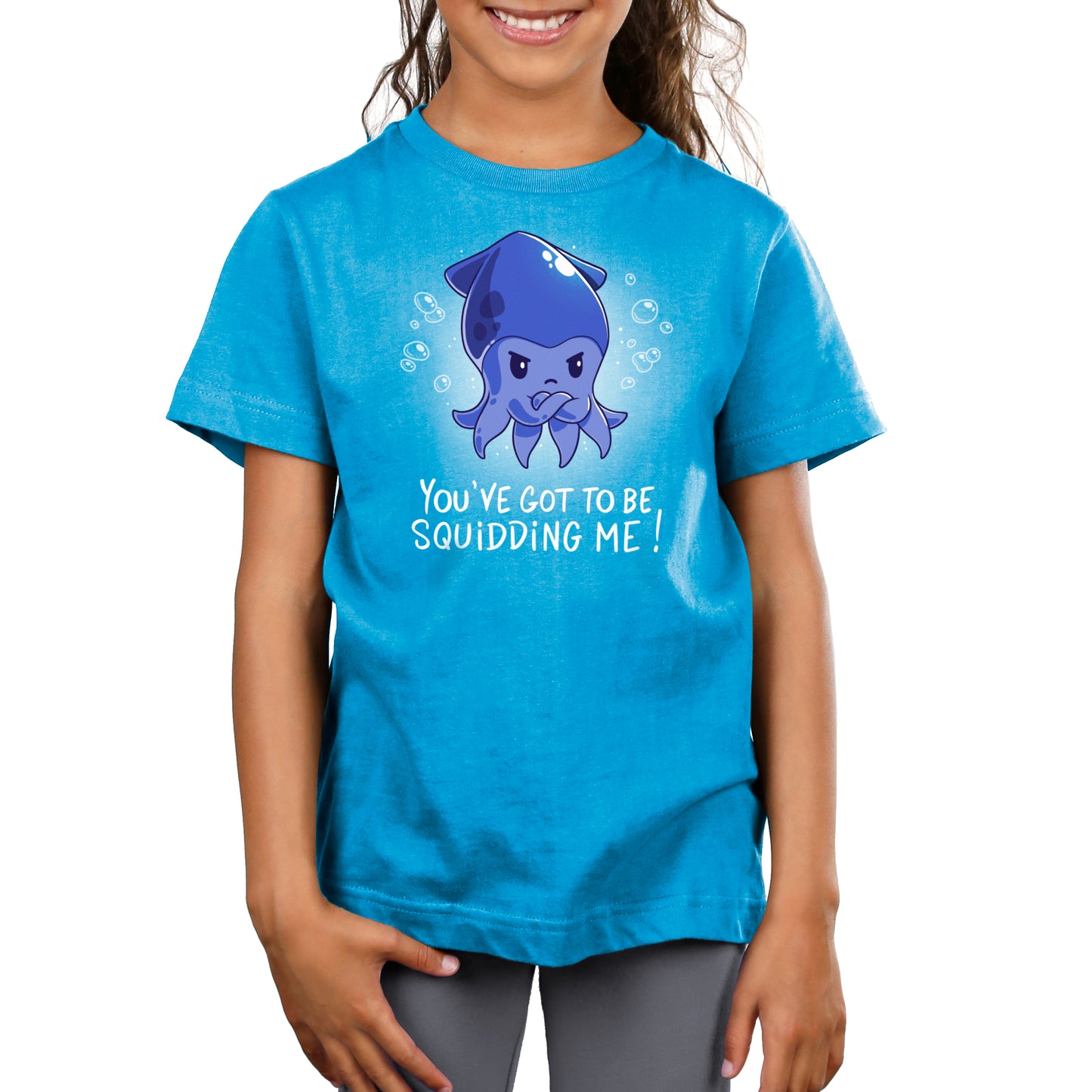 Premium Cotton T-shirt - A child wearing the monsterdigital You've Got to be Squidding Me cobalt blue apparelwith a cartoon squid and the punny text, "You've got to be squidding me!", ensuring comfort all day in super soft ringspun cotton.