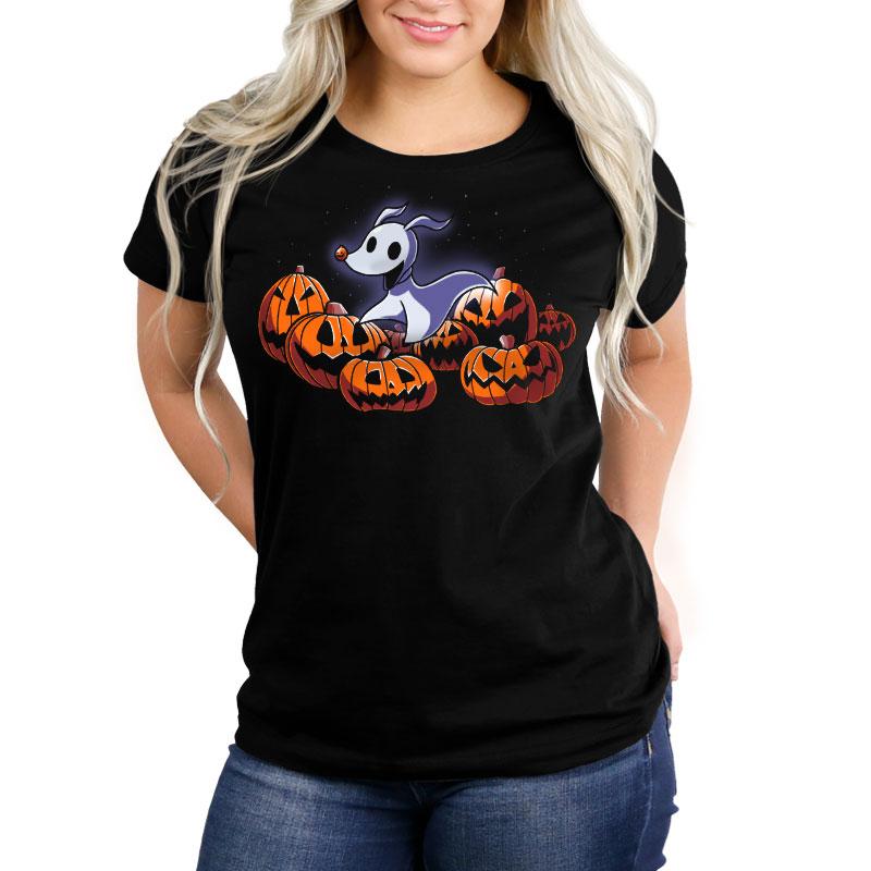 A women's officially licensed Disney black t-shirt with an image of a squirrel in a pumpkin, called "Playing Dead".