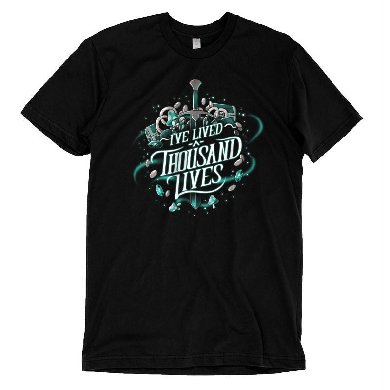 A black gamer t-shirt from TeeTurtle that says "I've Lived A Thousand Lives".