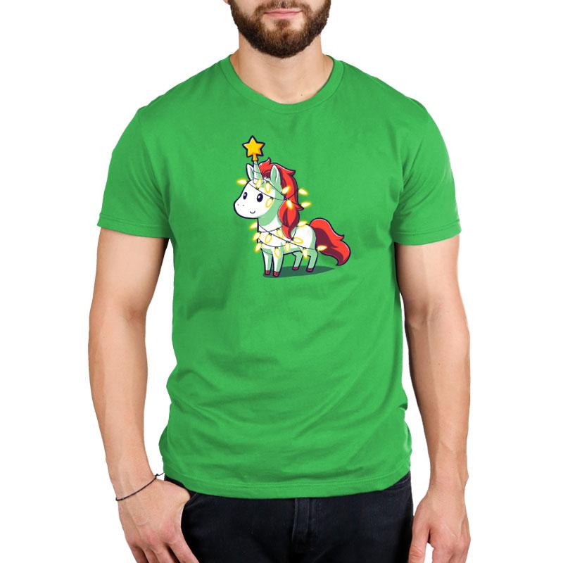 A man wearing a green t-shirt with A Unicorny Christmas by TeeTurtle on it.