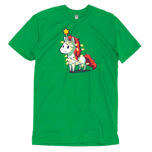 A Unicorny Christmas t-shirt with a cartoon unicorn on it by TeeTurtle.