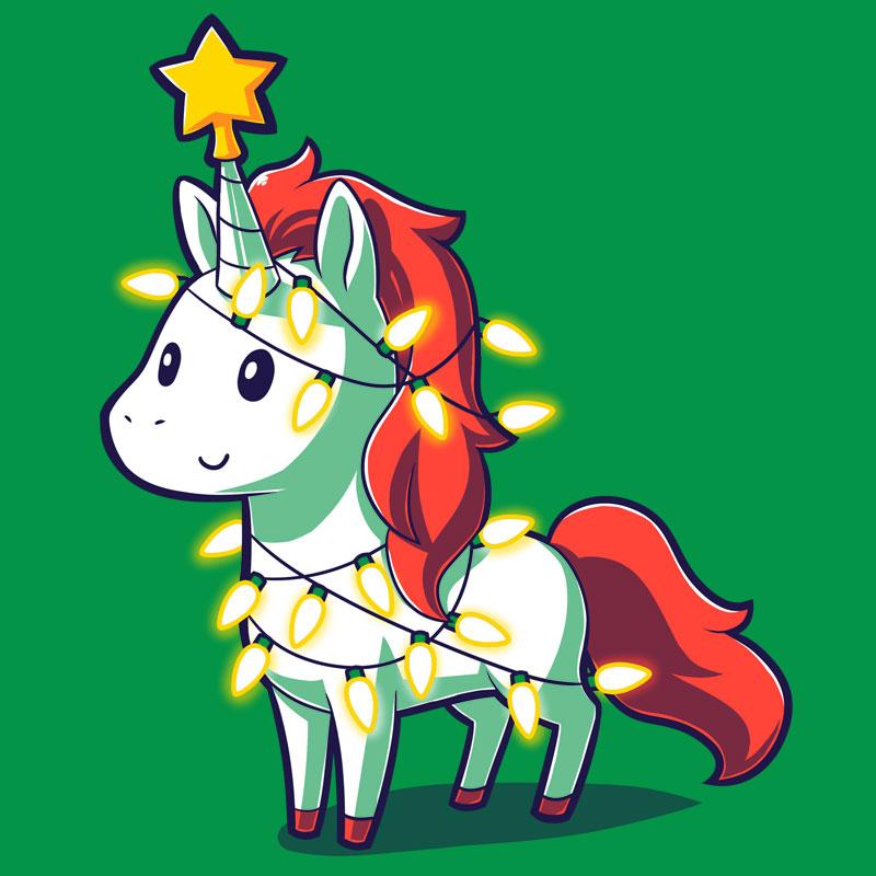 A festive A Unicorny Christmas adorned with colorful Christmas lights on its head, made by TeeTurtle.