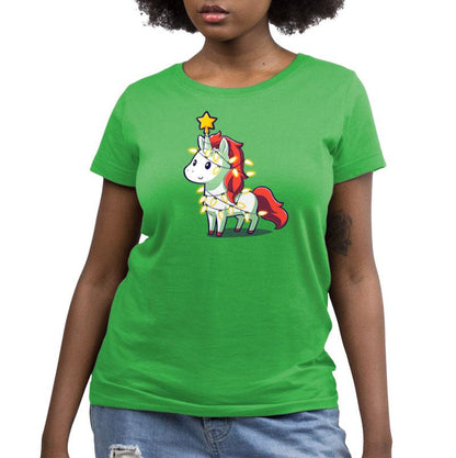 A woman wearing a green t-shirt with an image of A Unicorny Christmas from TeeTurtle.
