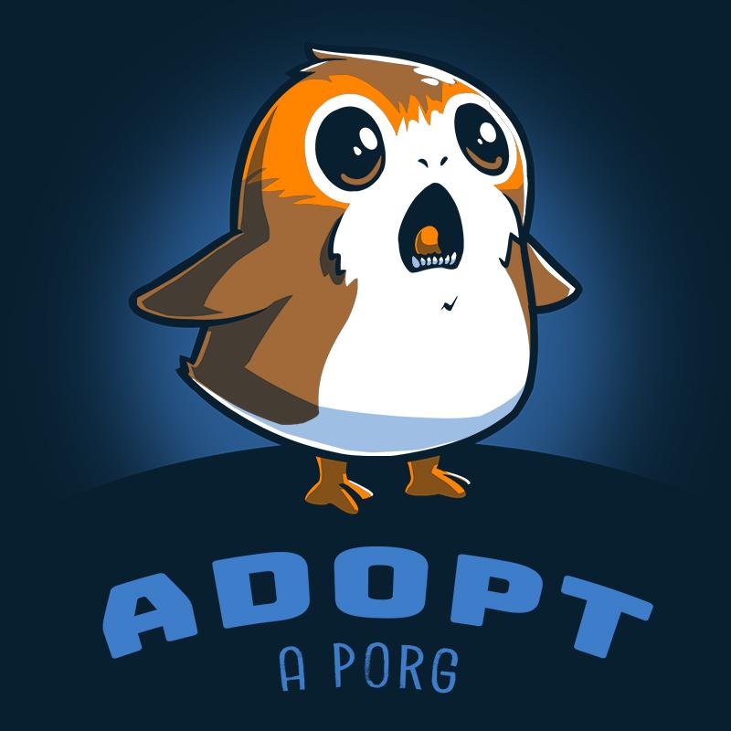 An officially licensed Star Wars navy blue T-shirt featuring a cartoon owl with the words "Adopt a Porg".