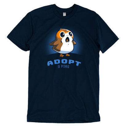 An officially licensed navy blue Adopt a Porg T-shirt-wearing owl promoting adoption.