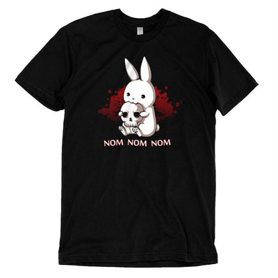 Premium Cotton T-shirt_TeeTurtle black Adorable Monstrosity featuring an adorable bunny biting into a skull with the words "nom nom nom."