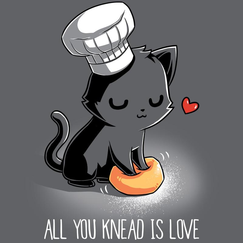 A loveable All You Knead Is Love charcoal gray t-shirt featuring a cat chef wearing a hat and saying all you knead is love by TeeTurtle.