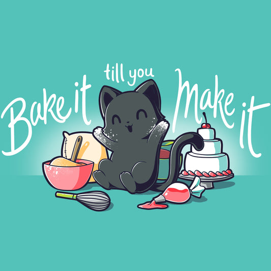 A black cat with a Bake It Till You Make It cake on a Caribbean blue TeeTurtle t-shirt.