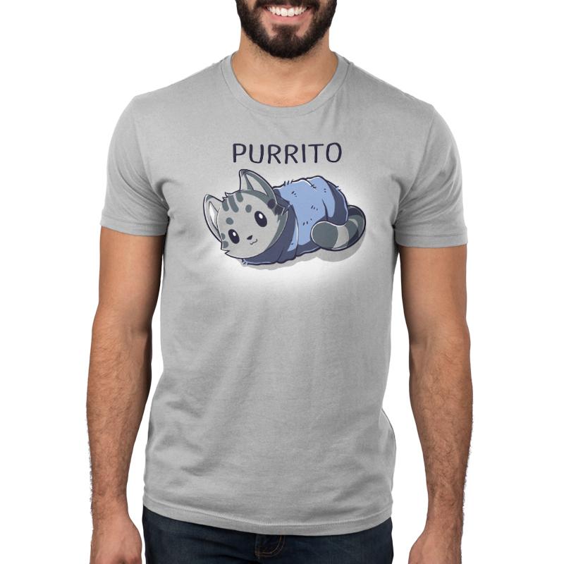 Premium Cotton T-shirt - A person wearing a gray super soft ringspun cotton unisex apparelwith a cartoon image of a cat wrapped in a blanket labeled "Blanket Purrito" on the front, branded by monsterdigital.