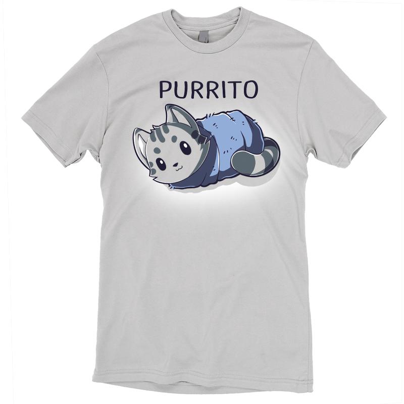 Premium Cotton T-shirt - A gray monsterdigital Blanket Purrito apparel featuring an illustration of a cat wrapped like a burrito, accompanied by the text "PURRITO". This super soft ringspun cotton unisex apparelensures comfort and style for everyone.