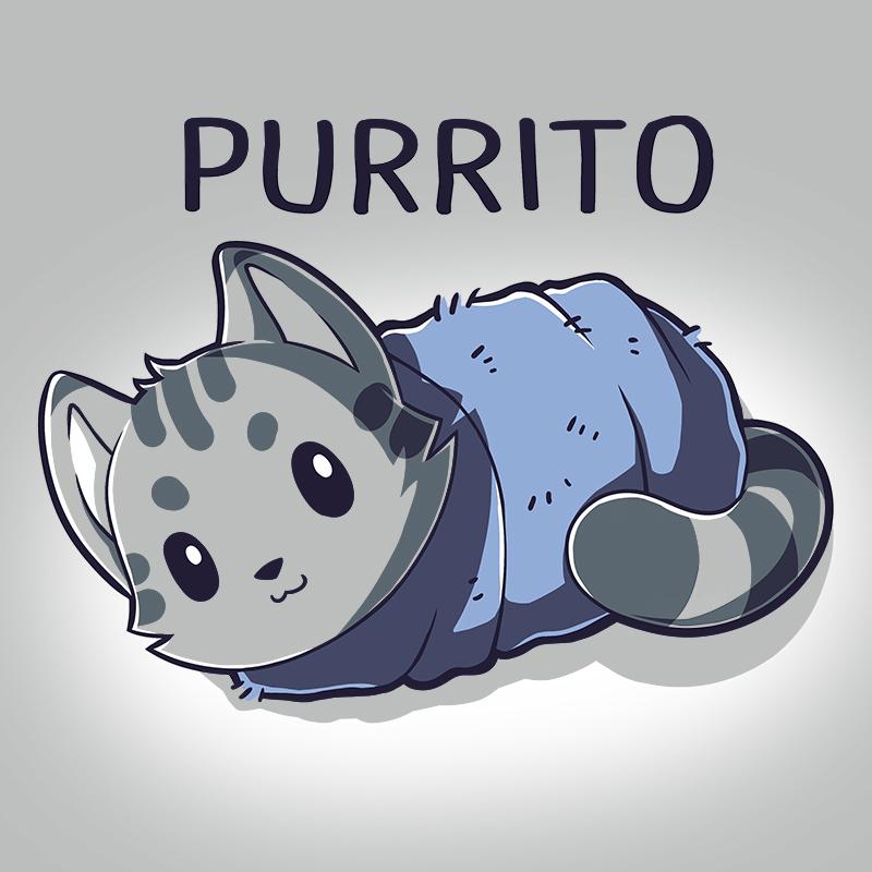 Premium Cotton T-shirt - Illustration of a gray-striped cat wrapped in a blue blanket, resembling a burrito. The word "PURRITO" is written above the cat. This adorable design is featured on our super soft ringspun cotton Blanket Purrito apparel by monsterdigital, perfect for any unisex apparelcollection.