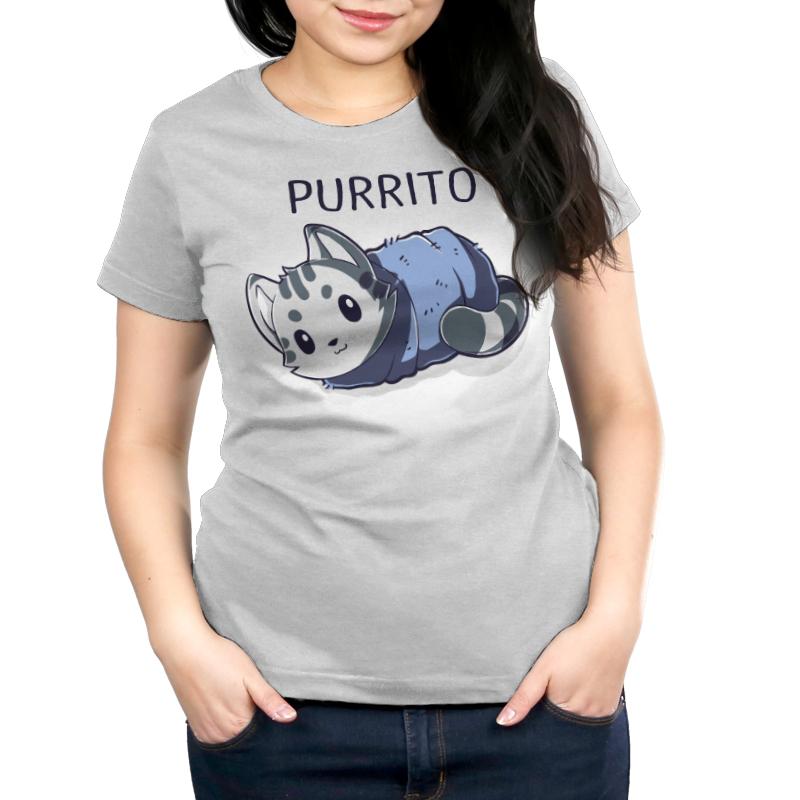 Premium Cotton T-shirt - A person wearing a super soft ringspun cotton apparel featuring an illustration of a cat wrapped like a burrito and the word "PURRITO" above the image. Hands are in the pockets of their jeans. The apparel is the Blanket Purrito by monsterdigital.