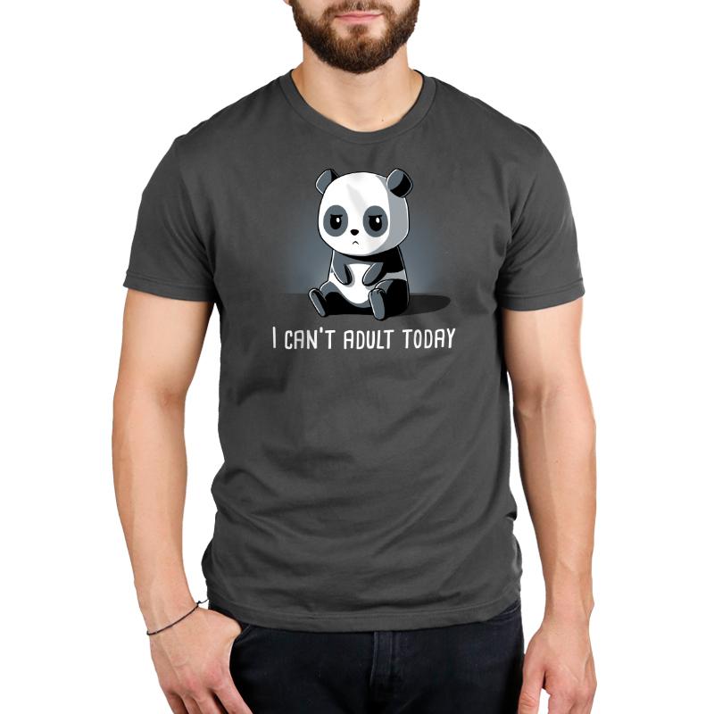 A panda bear wearing a charcoal gray t-shirt that says "I can't Can't Adult Today by TeeTurtle.