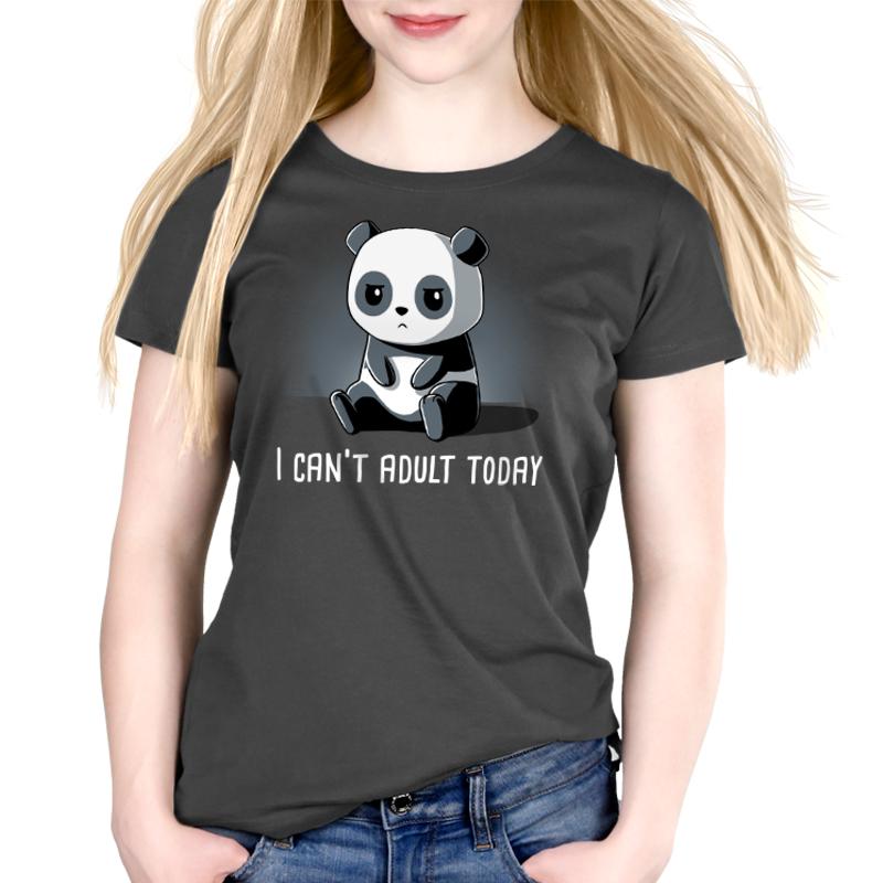 A panda bear wearing a charcoal gray t-shirt that says "Can't Adult Today" from TeeTurtle.