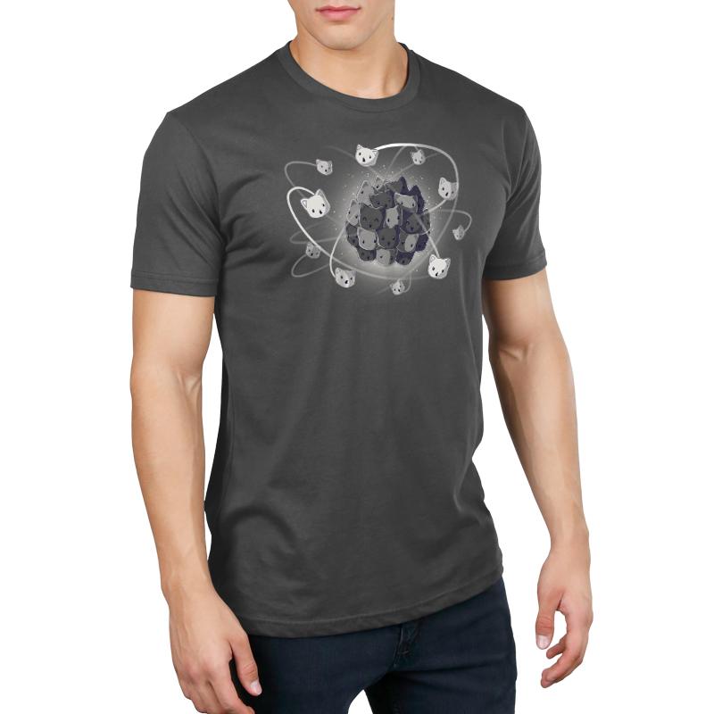 A man wearing a charcoal gray Cat-ion T-shirt with a design on it from TeeTurtle.