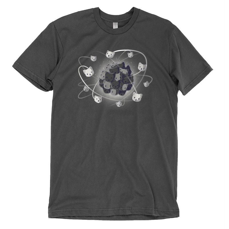 A Cat-ion charcoal gray tee with an image of an atom from TeeTurtle.