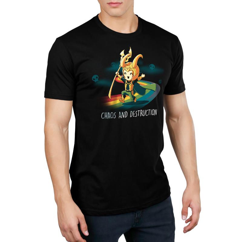 A man wearing an officially licensed Marvel Chaos and Destruction Loki T-shirt.