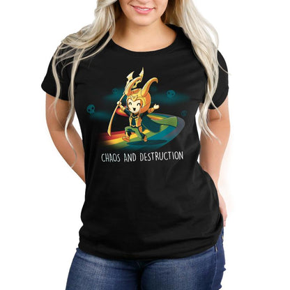 Officially licensed Marvel Loki Chaos and Destruction women's T-shirt.
