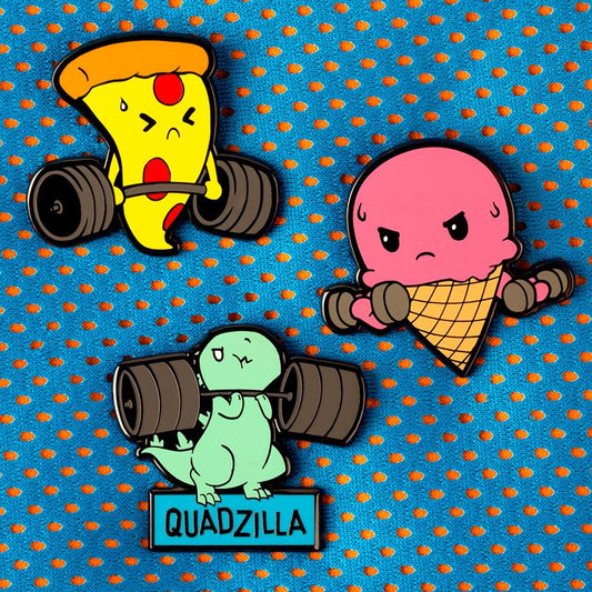 Enamel pins featuring a Quadzilla Pin by TeeTurtle, featuring a pizza, ice cream, and barbell in eye-catching dimensions.