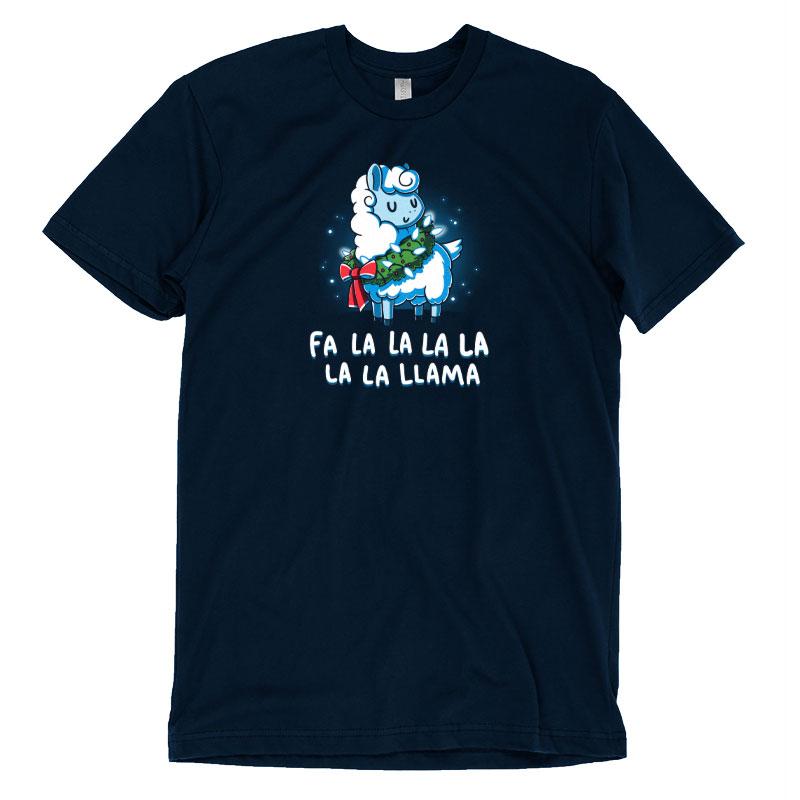 A navy blue Christmas Llama t-shirt featuring a llama and a Christmas tree by TeeTurtle.