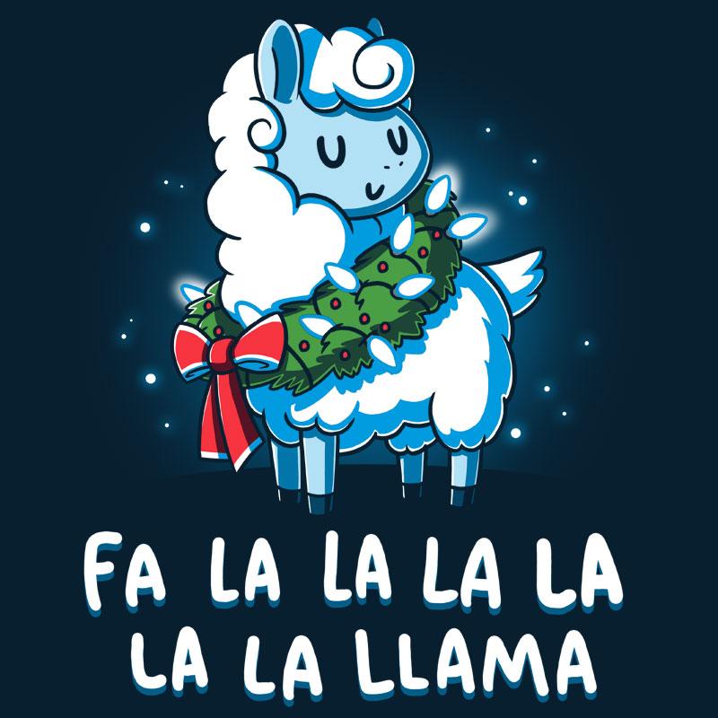 A navy blue Christmas Llama t-shirt adorned with a cartoon llama holding a Christmas wreath by TeeTurtle.