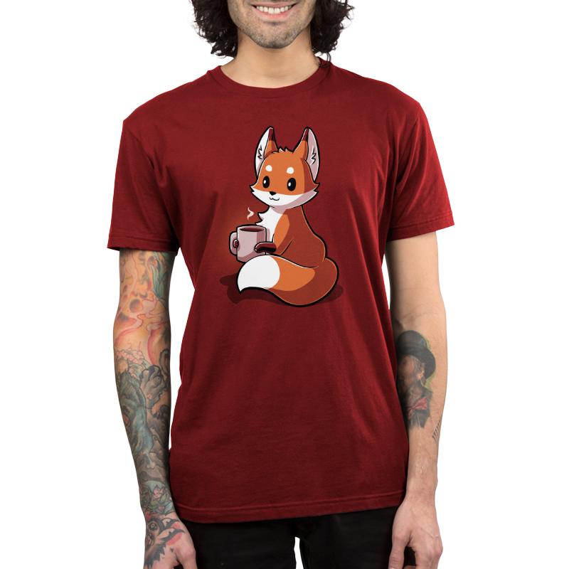 A man wearing a red t-shirt with a Coffee Fox from TeeTurtle.