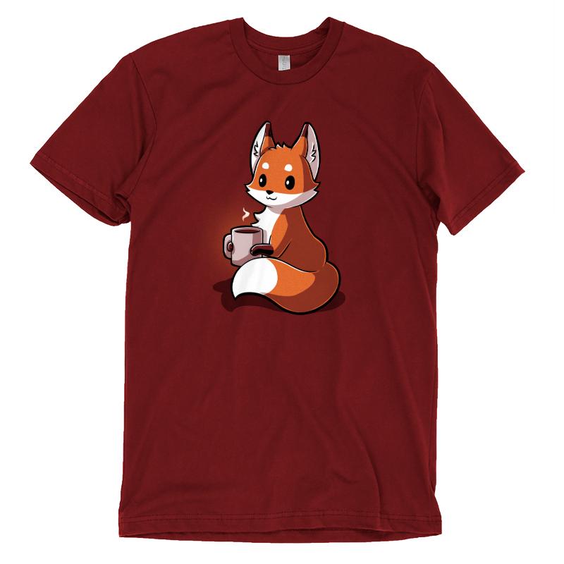 A Coffee Fox shirt with a cartoon fox holding a cup made of ringspun cotton, by TeeTurtle.