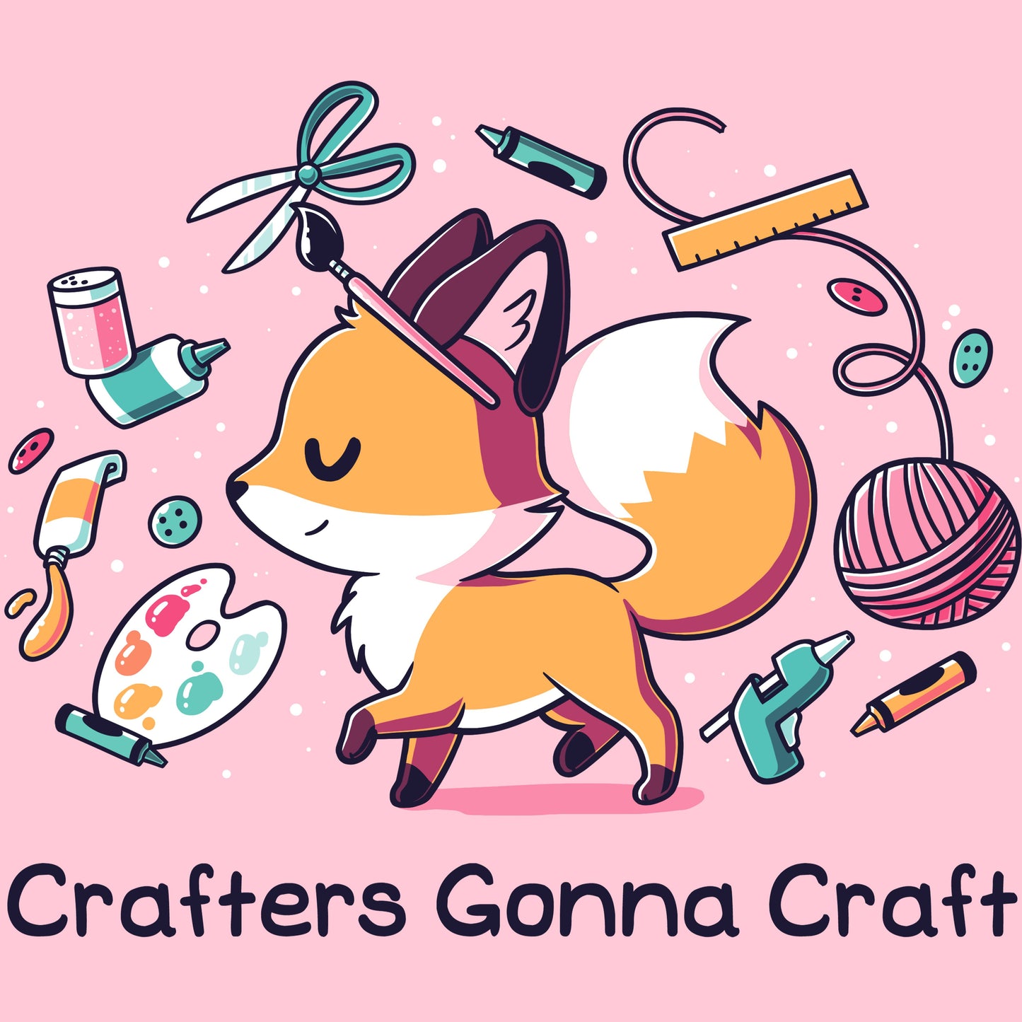 Teeturtle Pink Crafters Gonna Craft Premium Cotton T-shirt. Featuring a little fox surrounded by scissors, a paintbrush, yarn, a glue gun and various other crafting items.