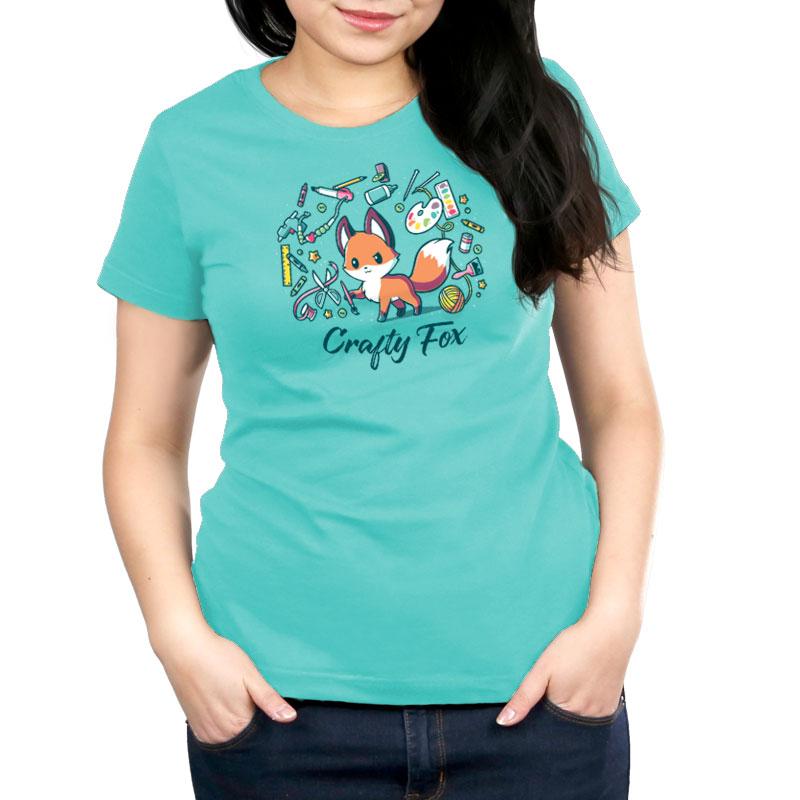 Premium Cotton T-shirt_TeeTurtle Crafty Fox caribbean blue t-shirt featuring a cute fox holding a brush in its forepaw and surrounded by yarn, scissors, ribbon, paint and many other crafting items.