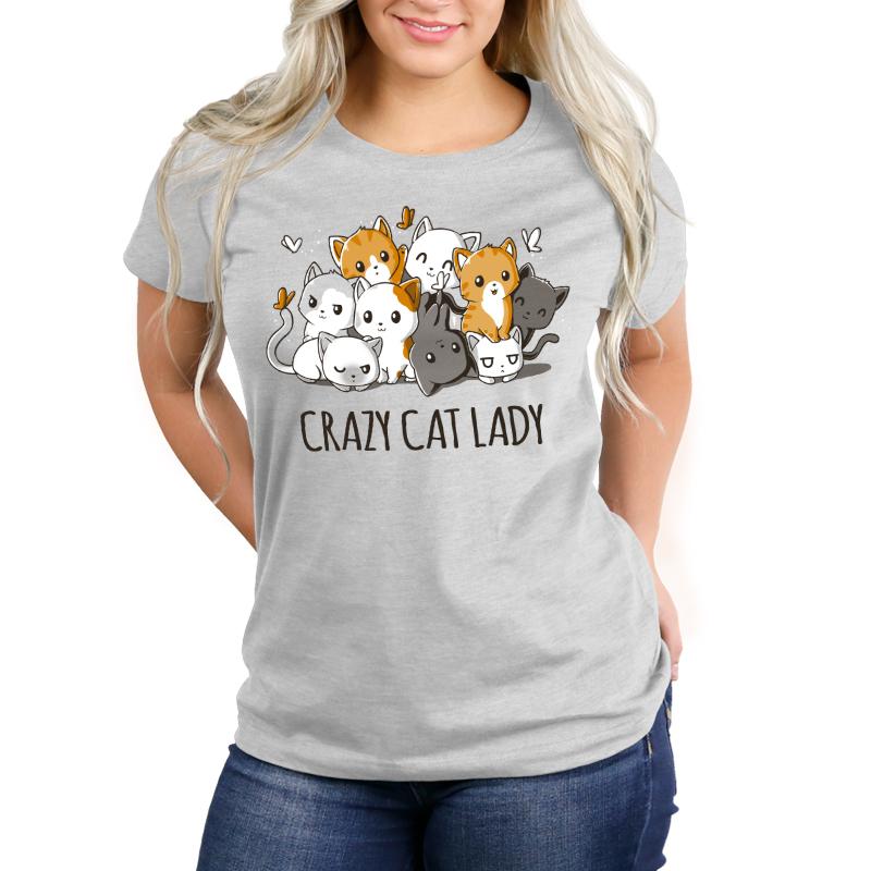 T-Shirt Cat Crazy Cat Lady Per Donne - Maglietta Con Collo Laterale "Kitty Meow" - Cotone 100% (Bianco, XS)