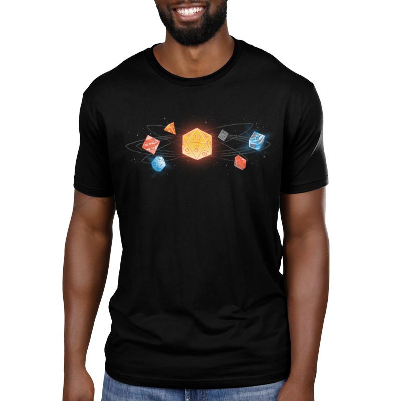 A man wearing a TeeTurtle D20 t-shirt with an image of a cube.