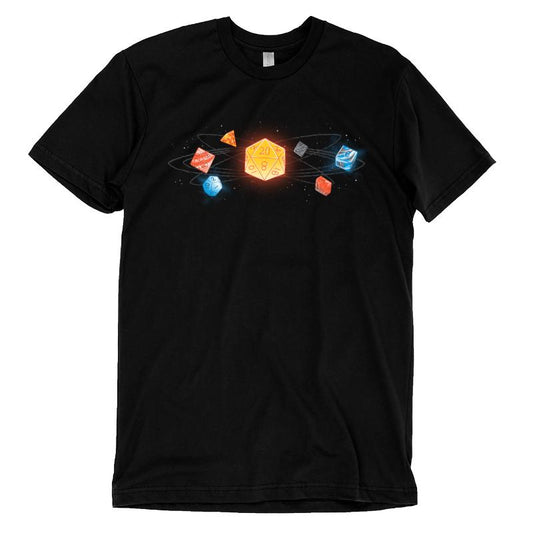 A black D20 t-shirt with a set of DM-centric model cubes on it from TeeTurtle.