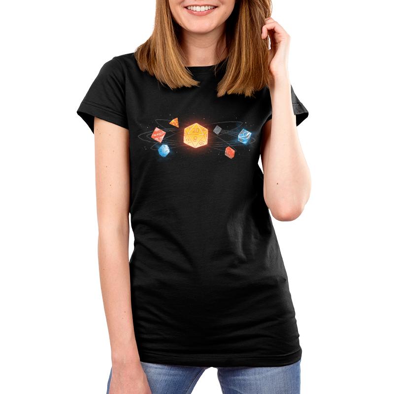 A woman wearing a black T-shirt with dice on it in a D20-centric universe.