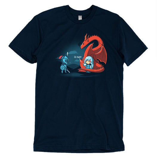 A women's Damsel in Control navy blue t-shirt by TeeTurtle featuring an image of a dragon and a man.