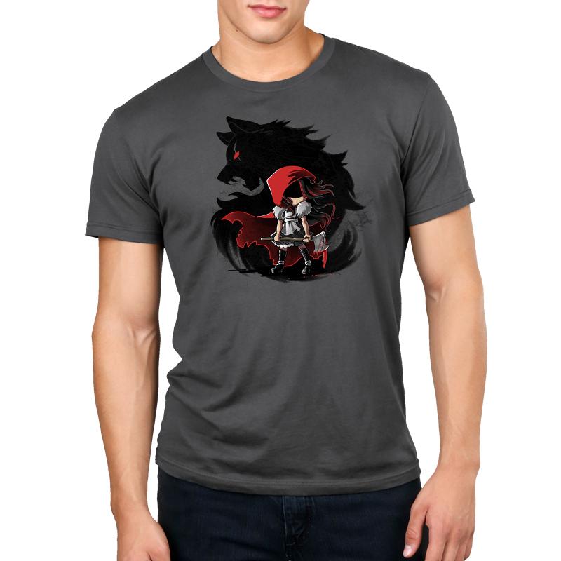 A man wearing a Dangerous charcoal gray t-shirt with an image of a wolf by TeeTurtle.