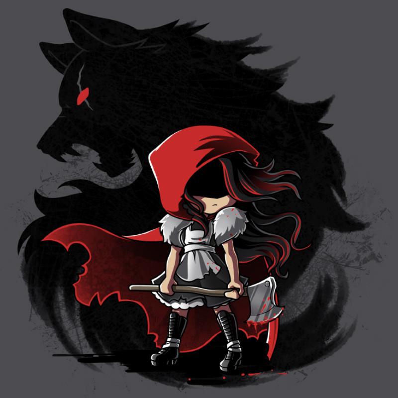A Dangerous TeeTurtle little red riding hood girl with an axe in front of a wolf wearing a gray t-shirt.