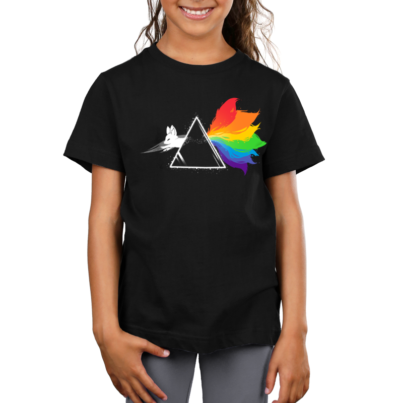 A Dark Side of the Kitsune girl wearing a TeeTurtle black t-shirt with vibrant colors of a rainbow flag on it.