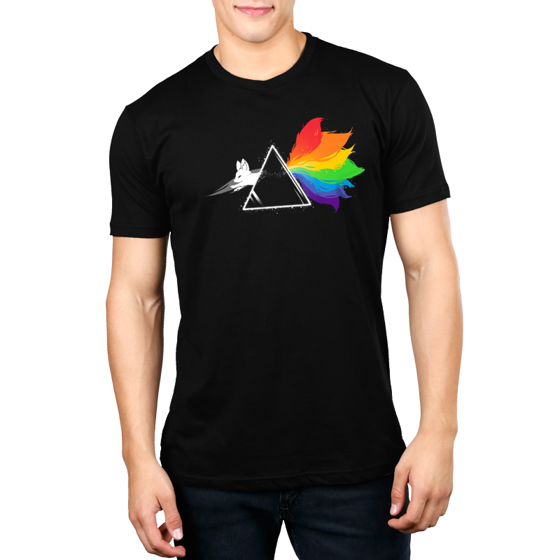 A man wearing the Dark Side of the Kitsune t-shirt by TeeTurtle.